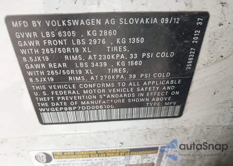 2013 Volkswagen Touareg Tdi Lux z USA, uszkodzony, nr VIN WVGEP9BP7DD006100